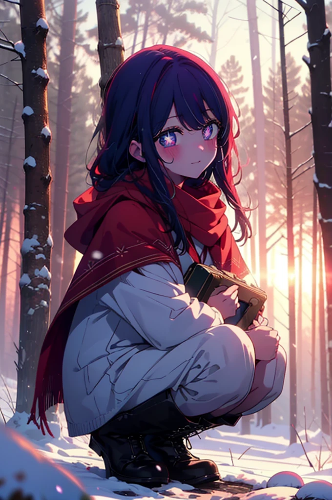 aihoshino, Ai Hoshino, Long Hair, bangs, (Purple eyes:1.1), Purple Hair, (Symbol-shaped pupil:1.5), smile,,smile,blush,White Breath,
Open your mouth,snow,Ground bonfire, Outdoor, boots, snowing, From the side, wood, suitcase, Cape, Blurred, , forest, White handbag, nature,  Squat, Mouth closed, Cape, winter, Written boundary depth, Black shoes, red Cape break looking at viewer, Upper Body, whole body, break Outdoor, forest, nature, break (masterpiece:1.2), Highest quality, High resolution, unity 8k wallpaper, (shape:0.8), (Beautiful and beautiful eyes:1.6), Highly detailed face, Perfect lighting, Highly detailed CG, (Perfect hands, Perfect Anatomy),