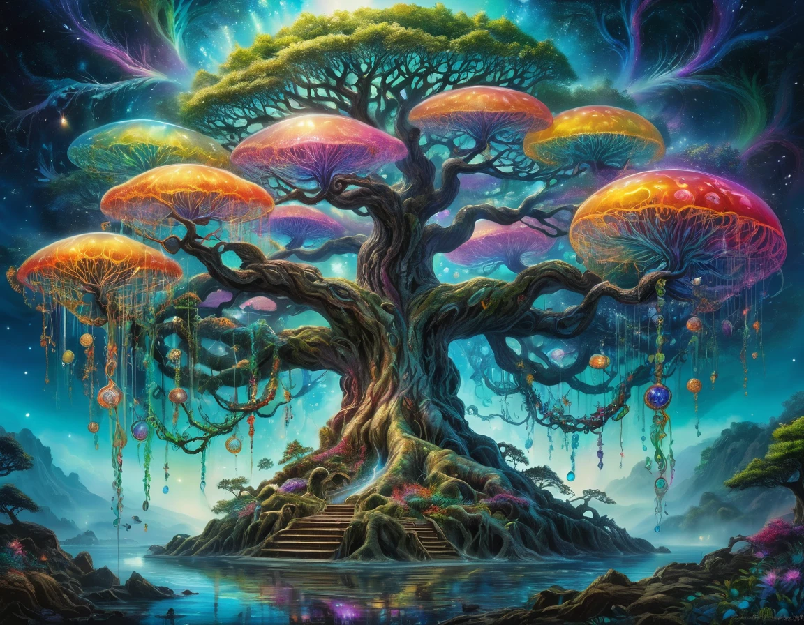 色彩鲜艳的tree of Life，There are jellyfish and medusa on it，宇宙tree of Life，Magic Tree，tree of Life，Cosmic Tree，Hyper-realistic art with great detail，tree of Life，tree of Life的疑惑之种，Colorful supernatural tree，Magic Tree，Psychedelic Forest，Exquisite rainbow environment，Psychedelic paintings，Fantasy and psychedelic，大型Magic Tree。