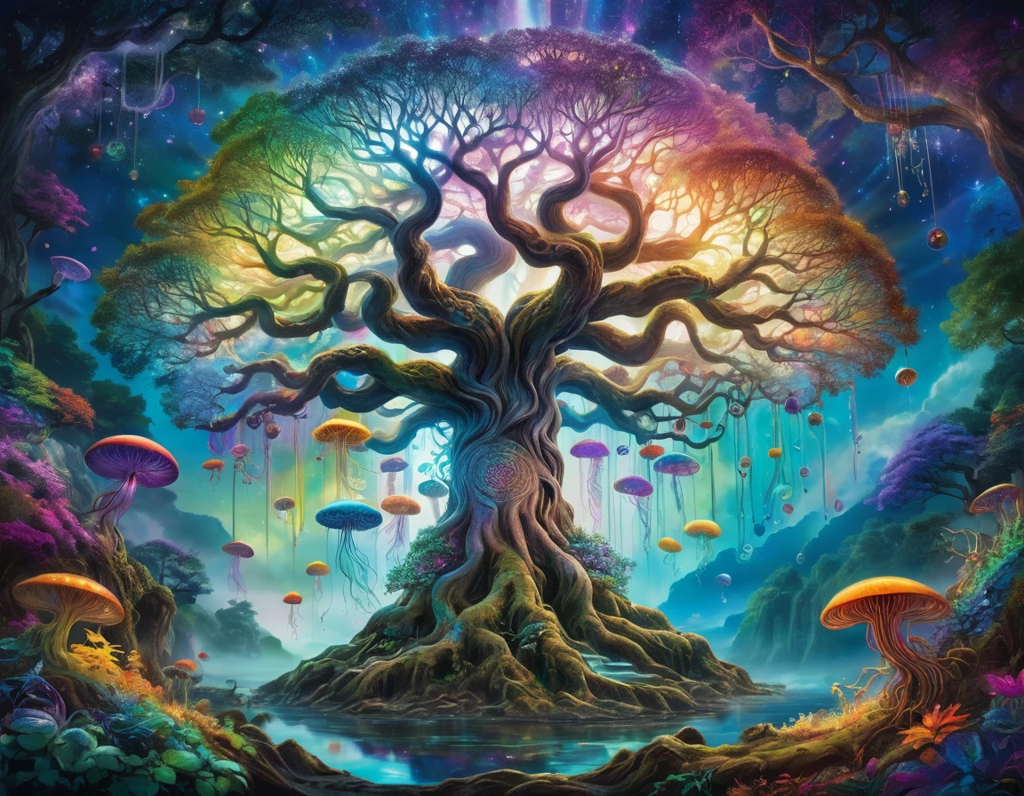 色彩鲜艳的tree of Life，There are jellyfish and medusa on it，宇宙tree of Life，Magic Tree，tree of Life，Cosmic Tree，Hyper-realistic art with great detail，tree of Life，tree of Life的疑惑之种，Colorful supernatural tree，Magic Tree，Psychedelic Forest，Exquisite rainbow environment，Psychedelic paintings，Fantasy and psychedelic，大型Magic Tree。