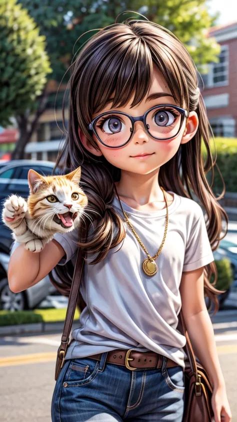 Girl wearing glasses playing with animals