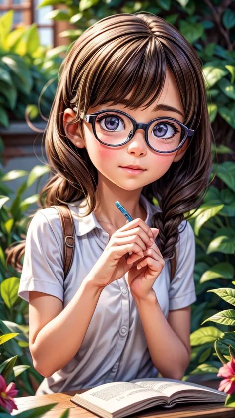 a girl playing with animals wearing glasses, detailed facial features, detailed eyes, detailed nose, detailed lips, intricate de...