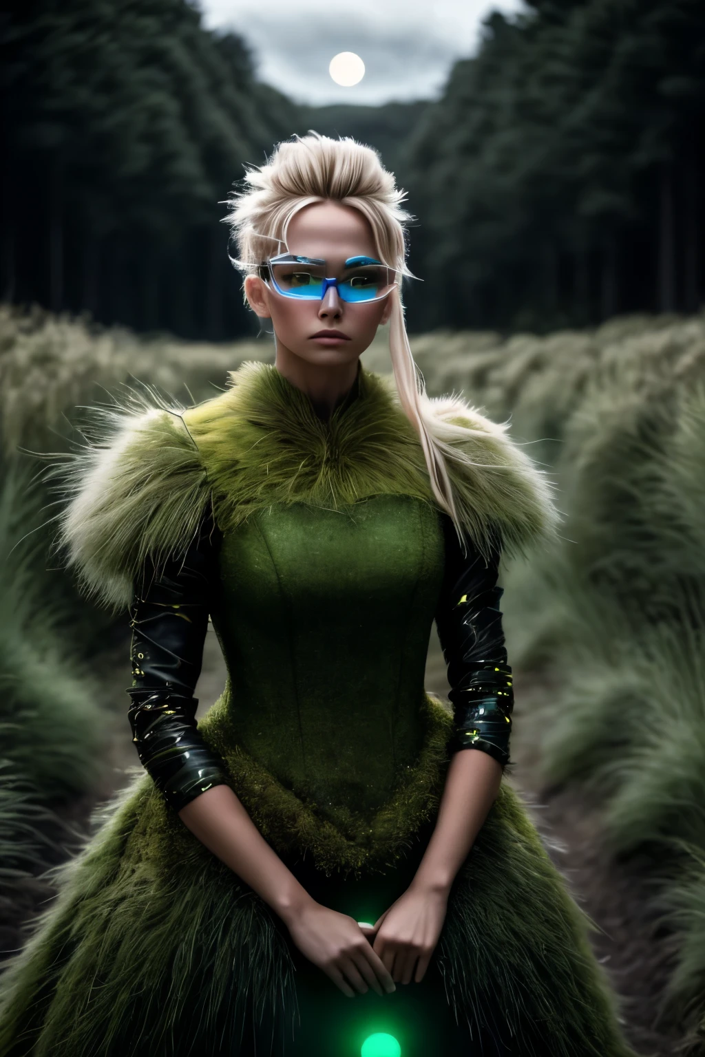 masterpiece, Best Quality, High Detail Face, upper body, 1girl, Solo, standing posture, blonde hair, (wearing cyber glasses, wearing dress of grass), sharp focus, cinematic lighting, photo realistic, in a deep forest, moonlight shines, looking at the viewer