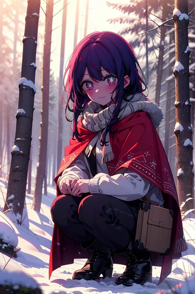 aihoshino, Ai Hoshino, Long Hair, bangs, (Purple eyes:1.1), Purple Hair, (Symbol-shaped pupil:1.5), smile,,smile,blush,White Breath,
Open your mouth,snow,Ground bonfire, Outdoor, boots, snowing, From the side, wood, suitcase, Cape, Blurred, , forest, White handbag, nature,  Squat, Mouth closed, Cape, winter, Written boundary depth, Black shoes, red Cape break looking at viewer, Upper Body, whole body, break Outdoor, forest, nature, break (masterpiece:1.2), Highest quality, High resolution, unity 8k wallpaper, (shape:0.8), (Beautiful and beautiful eyes:1.6), Highly detailed face, Perfect lighting, Highly detailed CG, (Perfect hands, Perfect Anatomy),