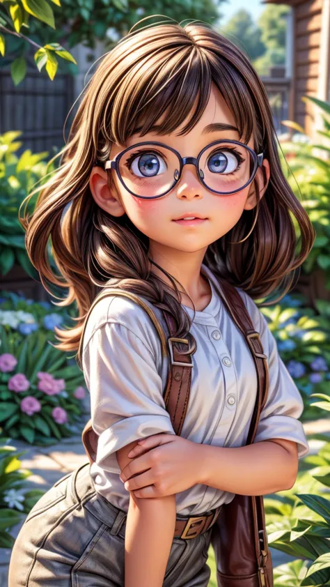 a girl playing with ((animals wearing glasses)), detailed facial features, detailed eyes, detailed nose, detailed lips, intricat...
