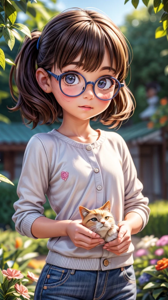 a girl playing with ((animals wearing glasses)), detailed facial features, detailed eyes, detailed nose, detailed lips, intricate details, adorable expression, incredibly cute, playful, vibrant colors, lush garden background, natural lighting, photorealistic, masterpiece, (best quality,8k,highres,masterpiece:1.2),ultra-detailed,(realistic,photorealistic,photo-realistic:1.37),lush vegetation,warm tones,soft focus,charming,whimsical