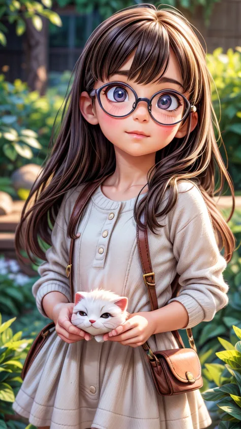 a girl playing with ((animals wearing glasses)), detailed facial features, detailed eyes, detailed nose, detailed lips, intricat...