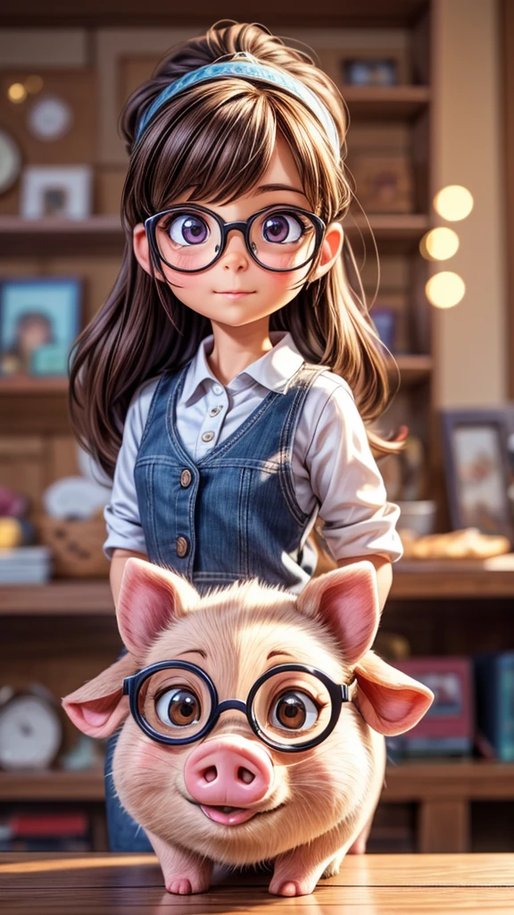 a bonitinho pig wearing glasses, 1Porco, lindos olhos detalhados, Lindo nariz detalhado, linda boca detalhada, lindo rosto detalhado, porco usando óculos redondos, realista, photorealista, 8K, melhor qualidade, Obra de arte, extremamente detalhado, ultra-detalhado, Detalhes intrincados, cores vivas, iluminação quente, foco suave, cinematic, Excêntrico, adorável, bonitinho, encantador