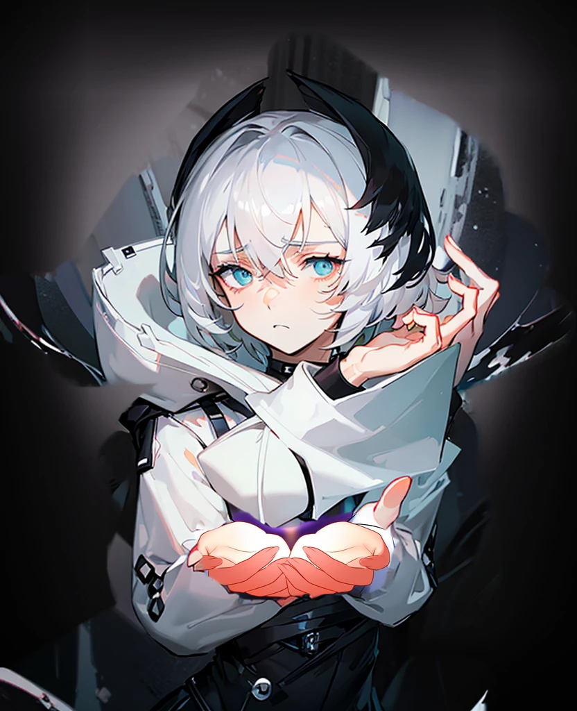 Masterpiece,Best quality,(A gloomy painting style:1.6),Solo,Boy,White hair,Short hair,(White shirt:1.4),((Face)) shirt,Shorts,Coat,Hood,Sneakers,Black coat,No breasts,Long sleeves,bangs,Fingerless gloves,Short hair,hair between eye,((gloomy expression)),(Pure black background:1.4),1 girl,monochrome,upper_body((holding star)),(star with hands:1.4),(Palms up)