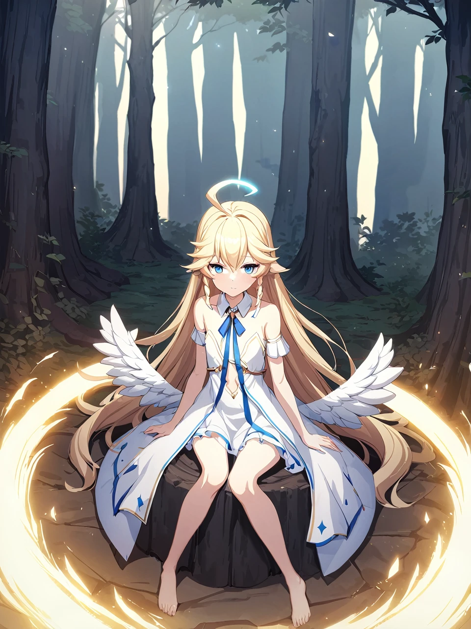 Zaora, blue eyes, (Variegated eyes:0.5), Blonde, Very long hair, Twin Blade, bangs, Ahoge, Hello, Angel, Flat Chest, White Dress, Belly button cutout, Detachable collar, Strapless, Neck ribbon, Bare shoulders, Angel wings, barefoot, One girl, Solo Break Space, forest, Depth of written boundary, Cinematic, masterpiece, Highest quality, Game CG