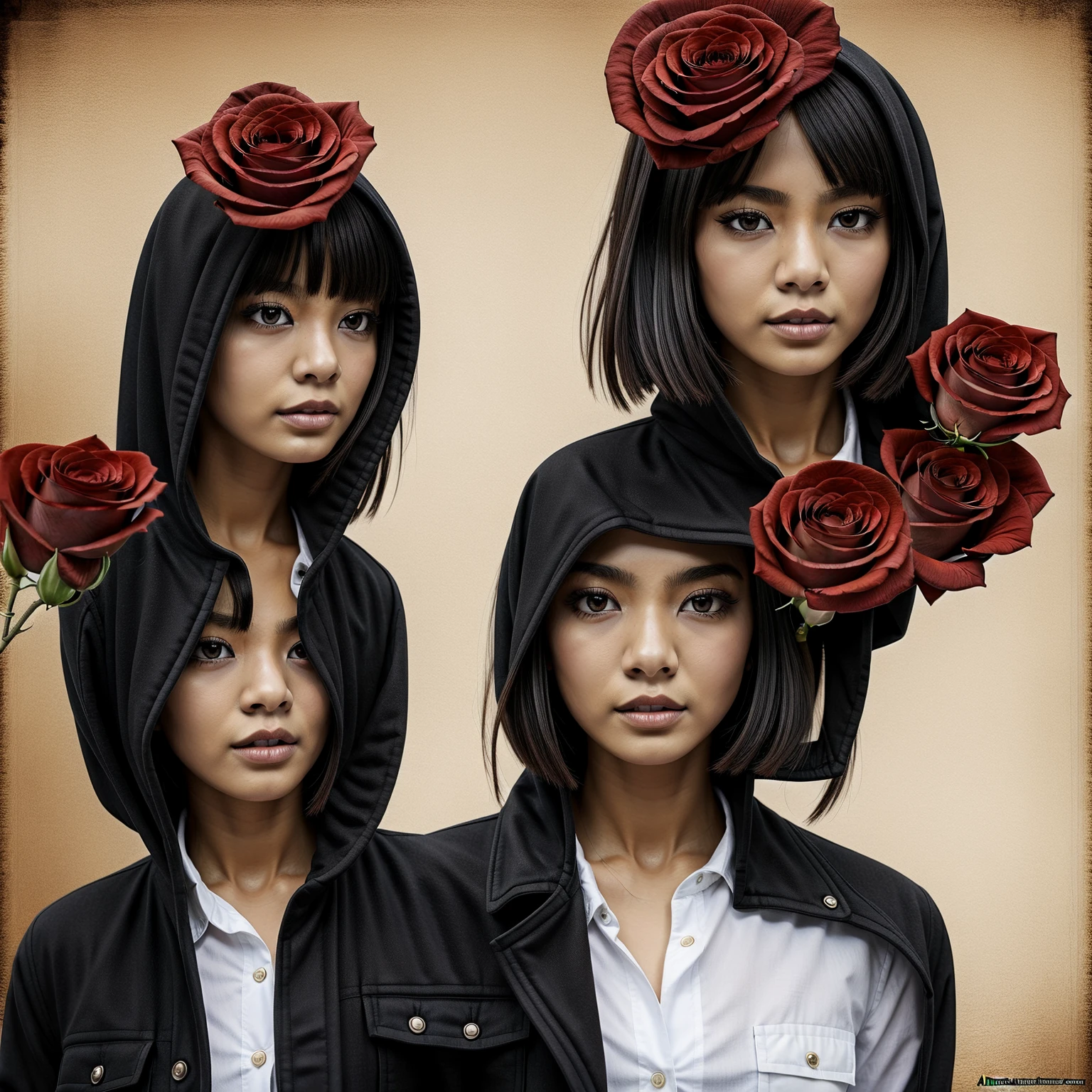 (arielpstyle:1.0), dark, horror, creepy, creepy-looking, painting, lovecraftian, , , ameinu, black hair, black jacket, brown hair, demon, flower, highres, jacket, orange eyes, red flower, red rose, rose, shirt, short hair, white shirt