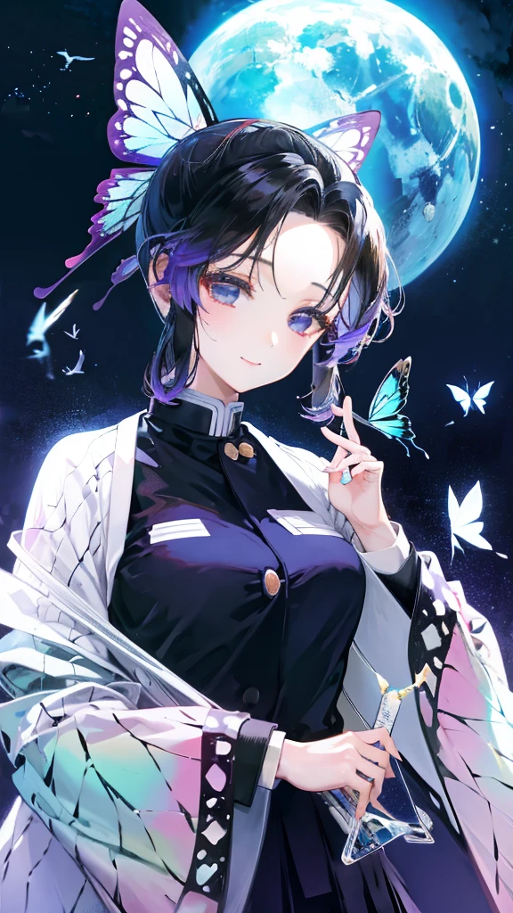 A school uniform with a butterfly-like haori、A truly beautiful smile、Realistic、Hair is a night 、Hair is upstyle、Blue butterfly hair ornament、syringe