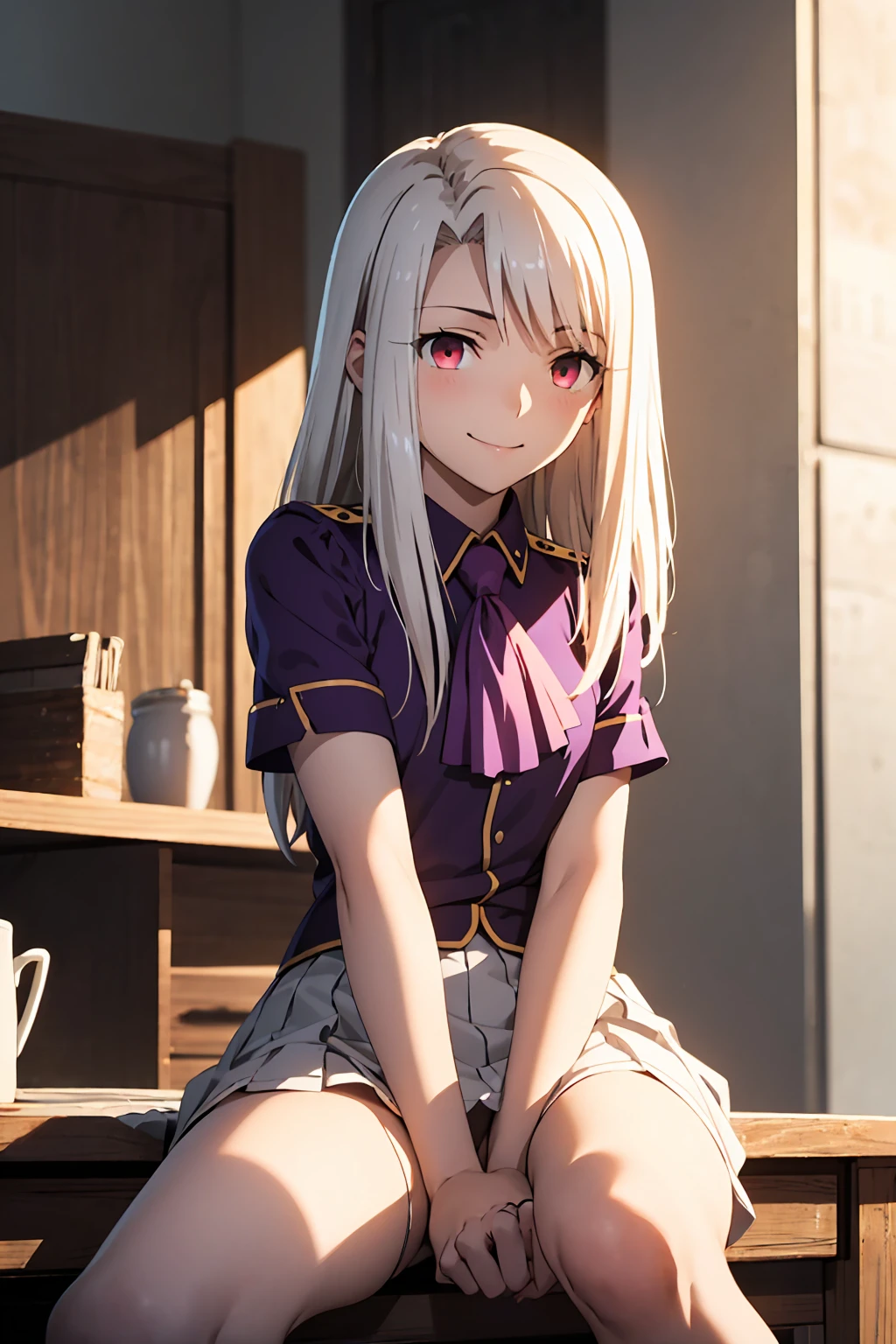 nsfw highest quality, (masterpiece:1.2), Very detailed, destiny/Background of stay, indoor, Illyasviel von Einzbern, etc., One girl, alone, Sitting, Looking at the audience, Mouth closed, smile, Long Hair, Gray Hair, Red eyes, Purple Shirt, Ascot, White skirt, cute white panties　Spread your legs　blush　Completely naked　topless