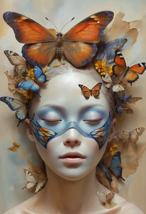 oil painting of a woman with a butterfly mask on her head, jonathan young pintura, adriano borda, moths crawling on my face, mix...