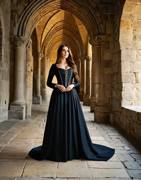 A woman with long brown hair, dressed in a black medieval dress, standing in a grand castle with tall, stone walls and tapestrie...