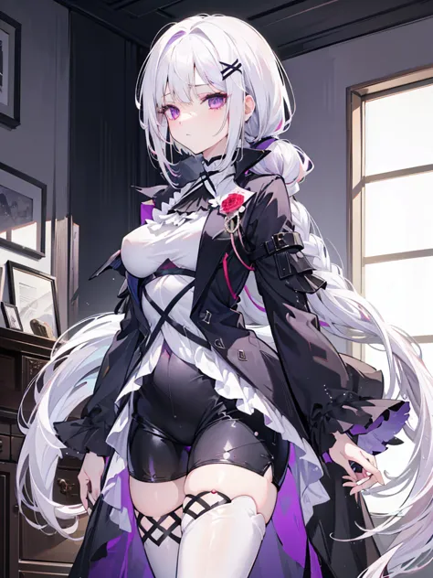 1girl, medium breasts, purple eyes, (((white hair))), hair ornaments, tall, young, outfit-gladiia, long hair, tied hair, indoors...