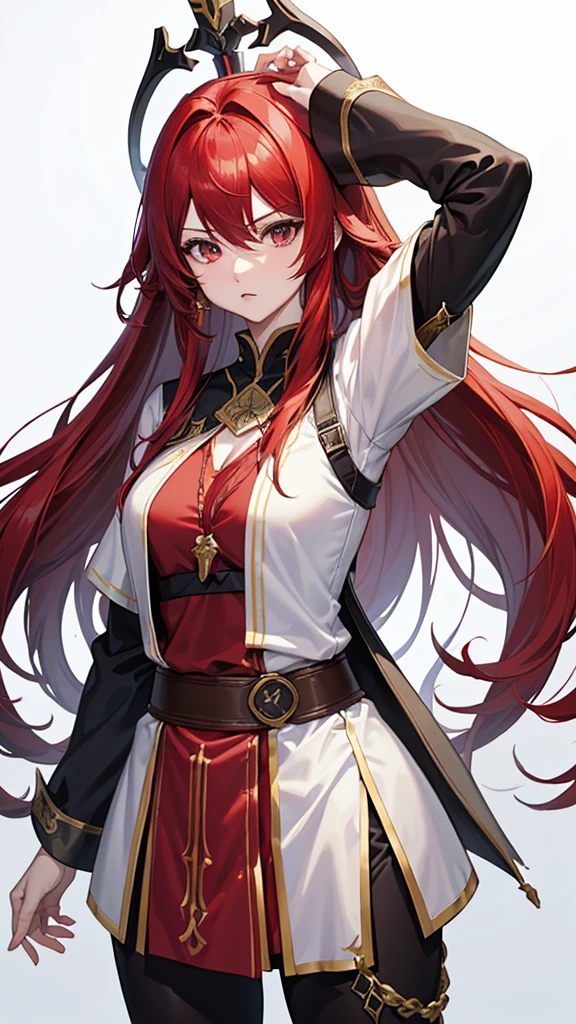 whole body側面図, jRPG Characters, jRPG Characters art, RPG Characters, whole body側面図, ((Pause)), Red hair, (To the camera), ((Female Swordsman), Character Design, (Medieval), whole body, (Perfect quality), Pure white background, Lots of white space, Dark skin