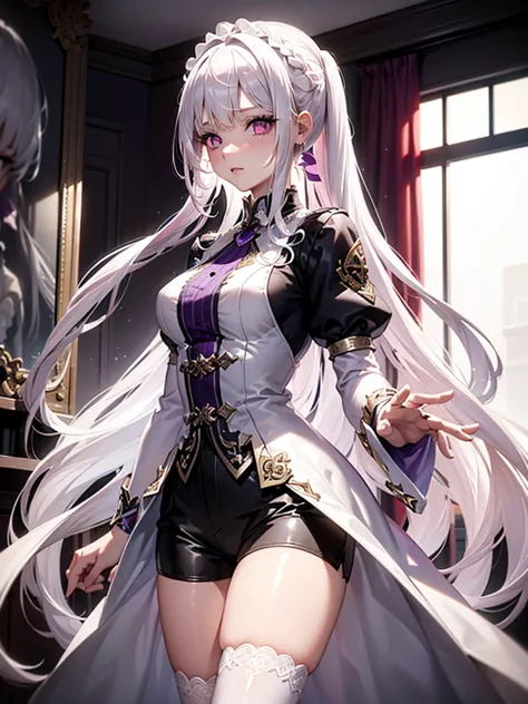 1girl, medium breasts, purple eyes, (((white hair))), hair ornaments, tall, young, outfit-gladiia, long hair, tied hair, indoors...