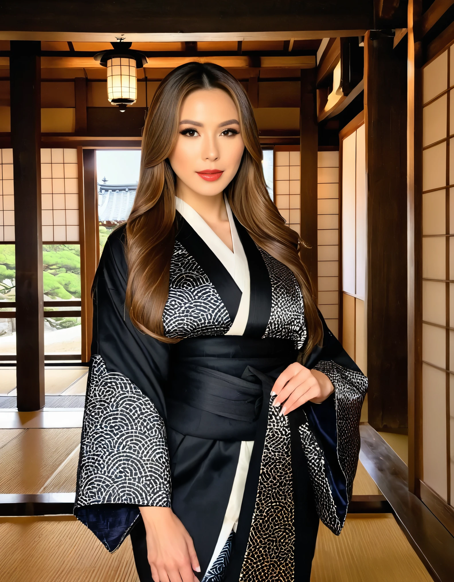 Uma mulher com longos cabelos castanhos, vestido com um quimono preto tradicional, em pé em um templo histórico japonês.