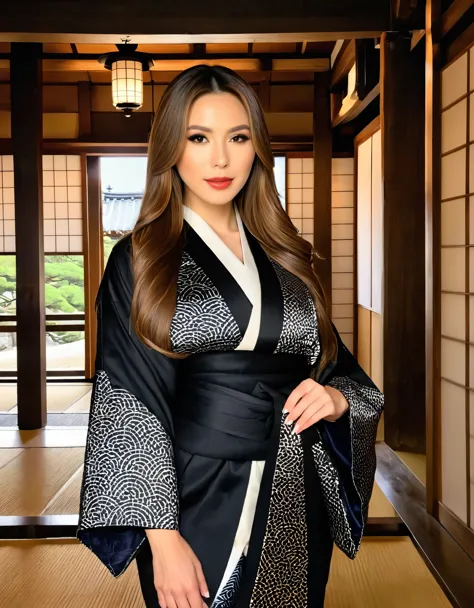 A woman with long brown hair, dressed in a black traditional kimono, standing in a historical Japanese temple.
