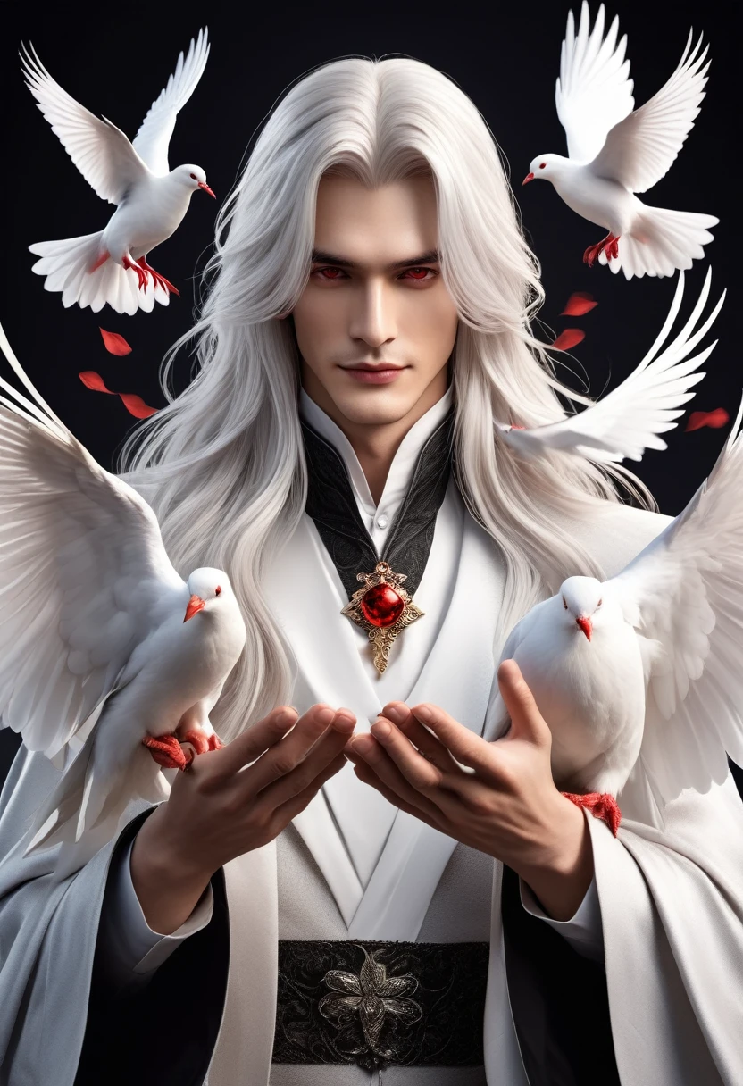 A handsome seductive young male with long white hair, red eyes. With a dove is his pet. He's a magician. full body portrait
