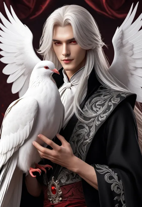 A handsome seductive young male with long white hair, red eyes. With a dove is his pet. He's a magician. full body portrait
