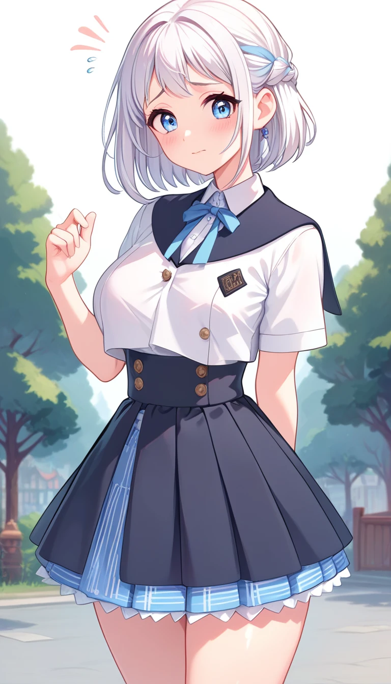 16k,8k,4K, lilja-default , katsuragi lilja,blue eyes,white hair,short hair,braid,,sailor collar,neck ribbon, white shirt,layered skirt,high-waist skirt,blush,embarrassing,big breast,thick thighs,shiny skin,white background 