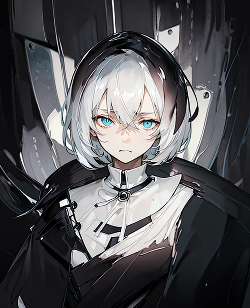 Masterpiece,Best quality,(A gloomy painting style:1.6),Solo,Boy,White hair,Short hair,(White shirt:1.4),((Face)) shirt,Shorts,Coat,Hood,Sneakers,Black coat,No breasts,Long sleeves,bangs,Fingerless gloves,Short hair,hair between eye,((gloomy expression)),(Pure black background:1.4),1 girl,(Holding something on one's chest)