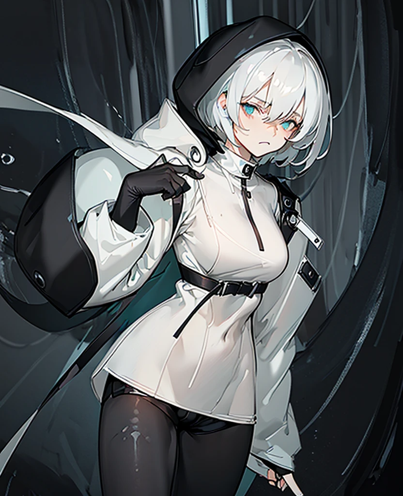 Masterpiece,Best quality,(A gloomy painting style:1.6),Solo,Boy,White hair,Short hair,(White shirt:1.4),((Face)) shirt,Shorts,Coat,Hood,Sneakers,Black coat,No breasts,Long sleeves,bangs,Fingerless gloves,Short hair,hair between eye,((gloomy expression)),(Pure black background:1.4),1 girl,(Holding something on one's chest)