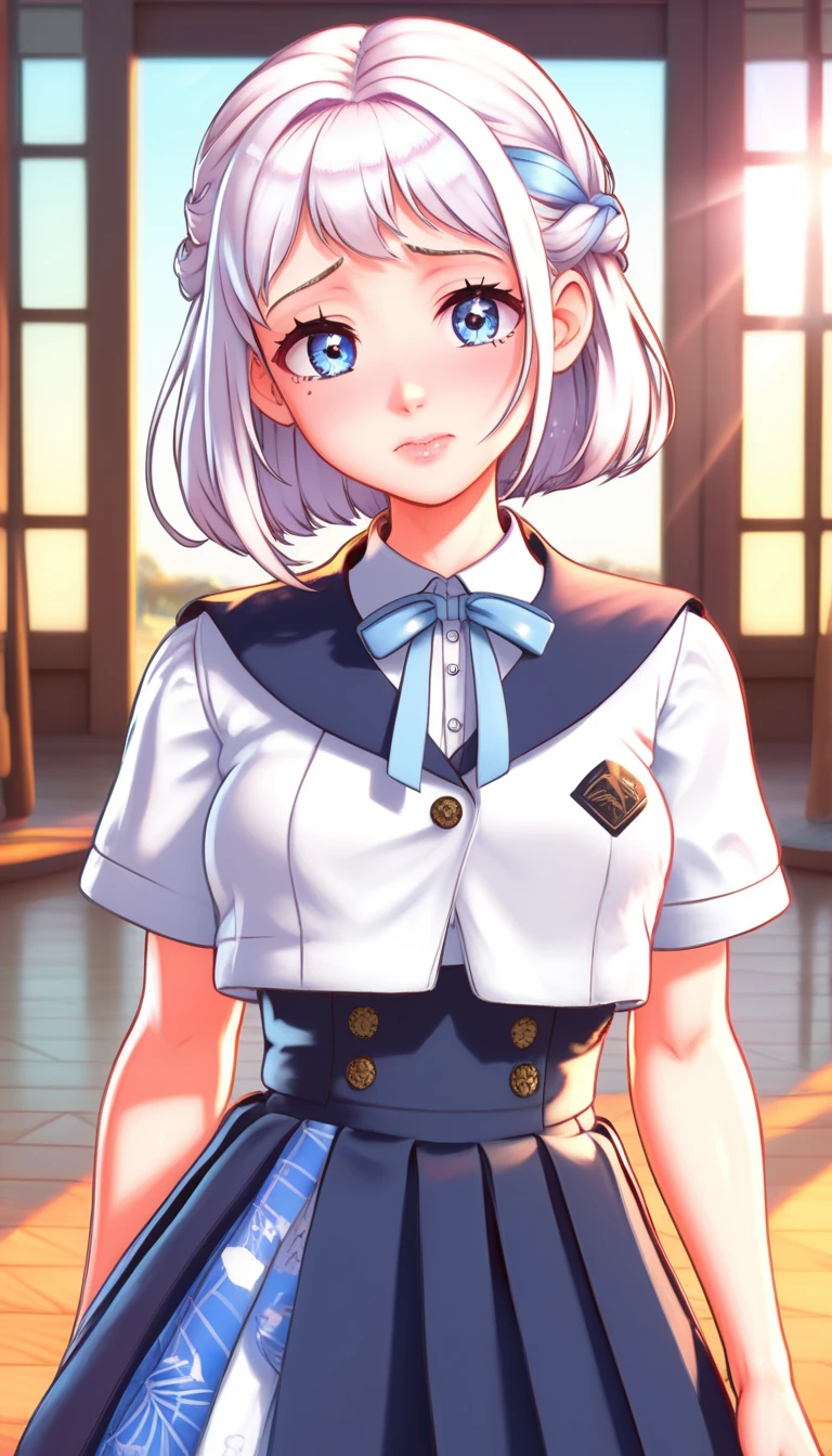 16k,8k,4K, lilja-default , katsuragi lilja,blue eyes,white hair,short hair,braid,,sailor collar,neck ribbon, white shirt,layered skirt,high-waist skirt,blush,embarrassing,big breast,thick thighs,shiny skin, 16k, 8k, 4k, best quality, extremely detailed fine touch, hyper detailed, highly detailed, top quality, extreme quality, ultra details, absurdres, masterpiece, amazing details, beautiful illustration, detailed face, source_anime, digital painting, anime, very aesthetic, natural light, sun light, light rays, dappled light, reflection, shadows, ray tracing, soft lighting, bright colors, vivid colors, hdr, volumetric 