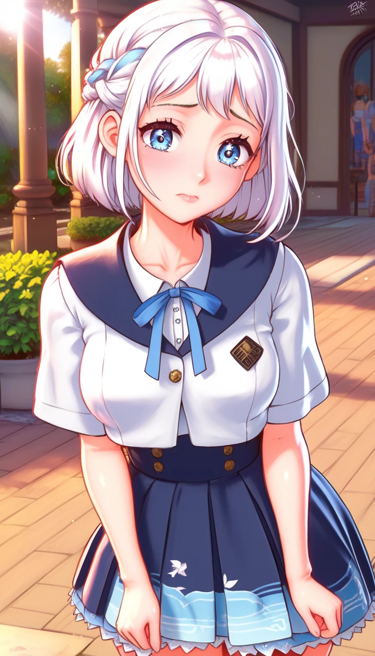 16k,8k,4K, lilja-default , katsuragi lilja,blue eyes,white hair,short hair,braid,,sailor collar,neck ribbon, white shirt,layered skirt,high-waist skirt,blush,embarrassing,big breast,thick thighs,shiny skin, 16k, 8k, 4k, best quality, extremely detailed fine touch, hyper detailed, highly detailed, top quality, extreme quality, ultra details, absurdres, masterpiece, amazing details, beautiful illustration, detailed face, source_anime, digital painting, anime, very aesthetic, natural light, sun light, light rays, dappled light, reflection, shadows, ray tracing, soft lighting, bright colors, vivid colors, hdr, volumetric 