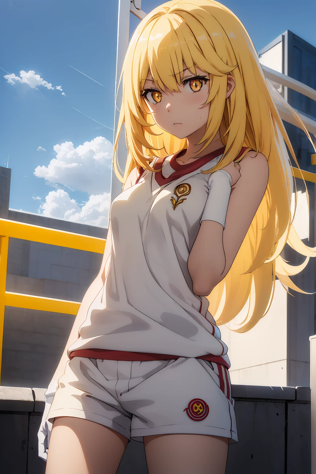 misakishokuhou, misaki shokuhou, blonde, Hair between the eyes, Long Hair, (Symbol-shaped pupil:1.5), + +, (Yellow Eyes:1.5), (Medium Chest:1.2), break bare shoulders, gloves, gym shirt, gym Shorts, Gym suit, shirt, short Shorts, Shorts, Sleeveless, Sleeveless shirt, Knee socks, tokiwadai school Gym suit, white gloves, white shirt, white Shorts, white Knee socks, break outdoor, city, null, sun, cloud, break looking at viewer, (Cowboy Shot:1.5), break (masterpiece:1.2), Highest quality, High resolution, unity 8k wallpaper, (shape:0.8), (Beautiful attention to detail:1.6), Highly detailed face, Perfect lighting, Extremely detailed CG, (Perfect hands, Perfect Anatomy),