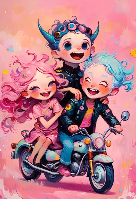 jon burgerman,happy laughing old couple riding motorcycle, with horns on their heads, pink background, pink background,zhang jin...