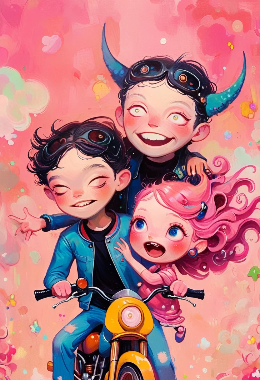 Jon Burgerman,Happy laughing old couple riding motorcycle, with horns on their heads, pink background, pink background,Zhang Jingna,in the style of aggressive digital illustration, bold and colorful portraits, lit kid, Picasso,Hikari Shimoda。