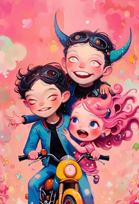 jon burgerman,happy laughing old couple riding motorcycle, with horns on their heads, pink background, pink background,zhang jin...