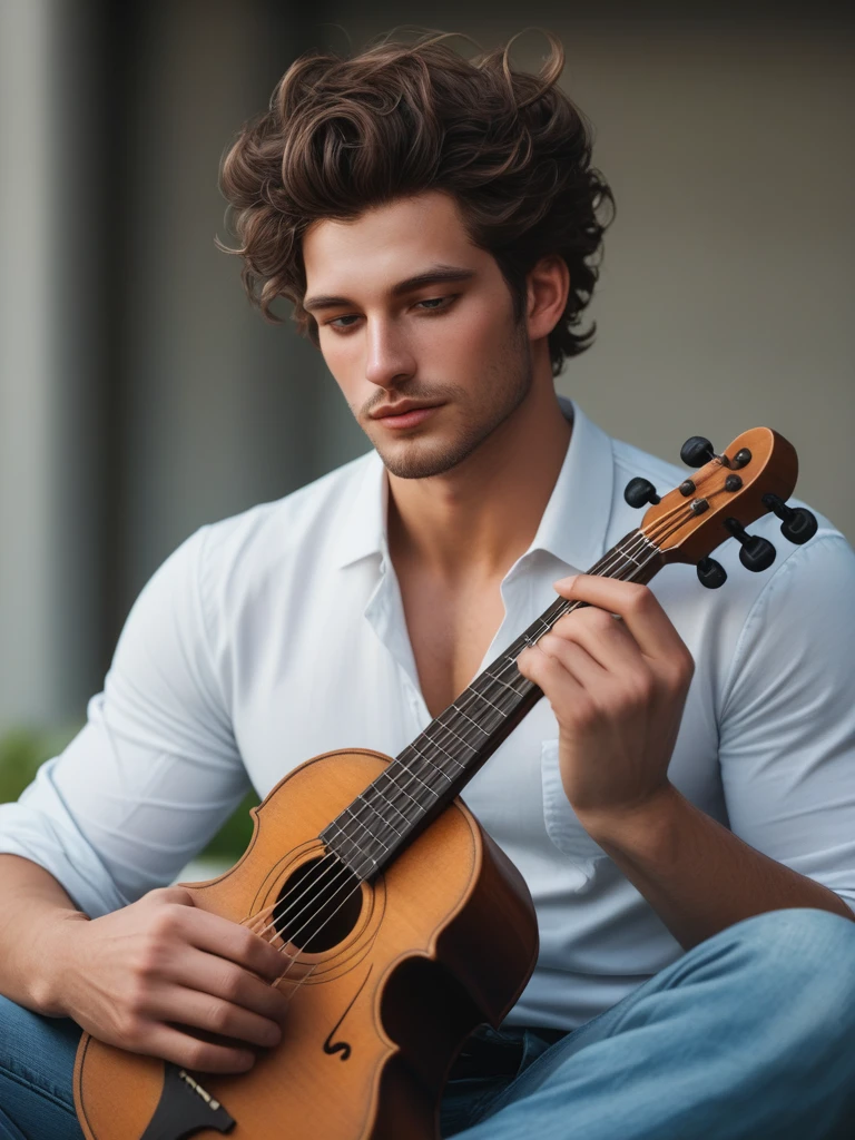 puntaje_9, puntaje_8_encima de eso, (1 person), obra de arte, de la máxima calidad, Alta resolución, retrato de primer plano,hombres japoneses,Ropa casual con camisa blanca,Vistiendo jeans, Cabello más largo peinado en ondas o rizos.,Sosteniendo un ukelele,Dios griego, fantasía, estilo liga de leyendas, hermosos retratos, luz brillante, gran composición, vista frontal, Alta resolución, iluminación volumétrica, calidad súper alta, elegant, Muy detallado