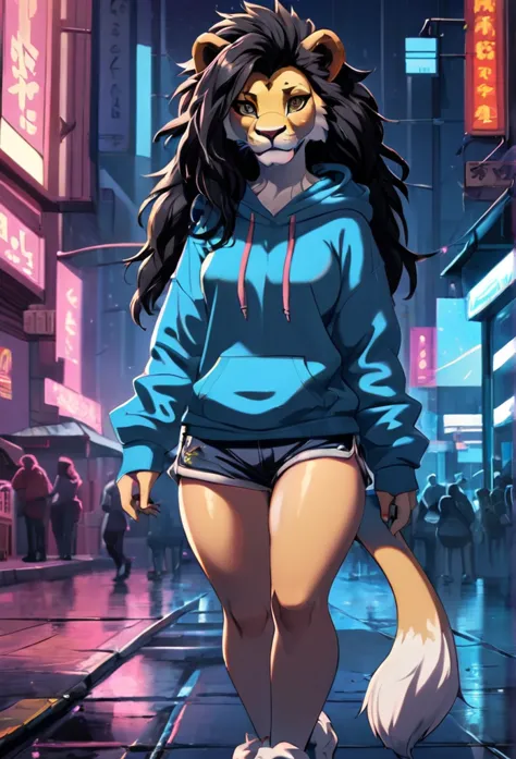 stylized cinematic anime artwork, fluffy anthro furry, lion, female, black dreadlocks hair, hairs tucked back, hoodie, shorts, s...