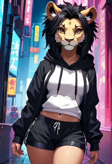 stylized cinematic anime artwork, fluffy anthro furry, lion, female, black dreadlocks hair, hairs tucked back, hoodie, shorts, s...