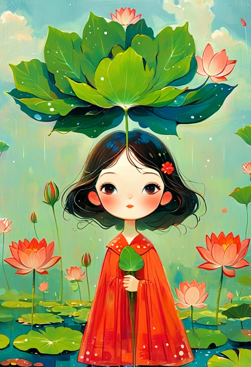 A little girl dressed in red was standing in a lotus pond, holding a large lotus leaf in her hand. It was raining in the sky, the
illustration is drawn with colorful lines in a flat style, with green as the main tone of the background,looking down from the sky, K