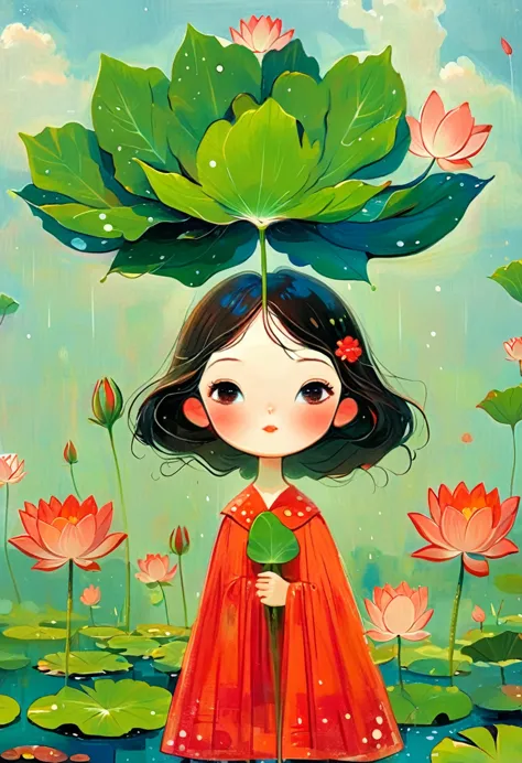 a little girl dressed in red was standing in a lotus pond, holding a large lotus leaf in her hand. it was raining in the sky, th...