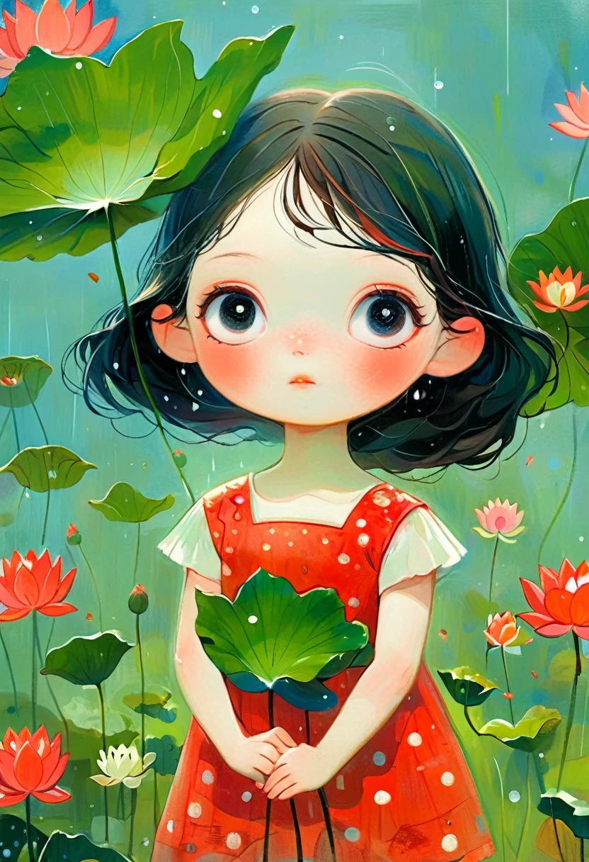 A little girl dressed in red was standing in a lotus pond, holding a large lotus leaf in her hand. It was raining in the sky, the
illustration is drawn with colorful lines in a flat style, with green as the main tone of the background,looking down from the sky, K