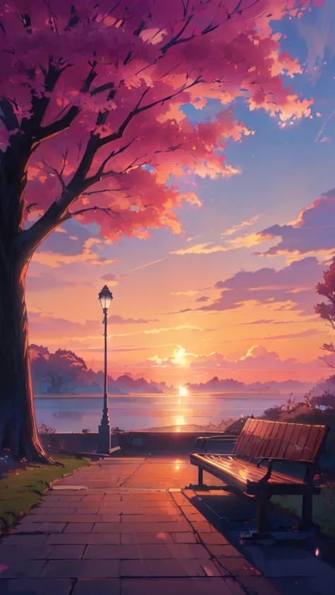 there is a street light that is next to a tree, anime beautiful peace scene, beautiful anime scene, beautiful anime scenery, ani...