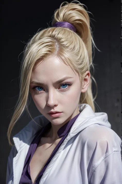 Ino from naruto, realistic, age 25, pure white skin, blue pupils, blonde ponytail hair, side fall hair, front button purple ninj...