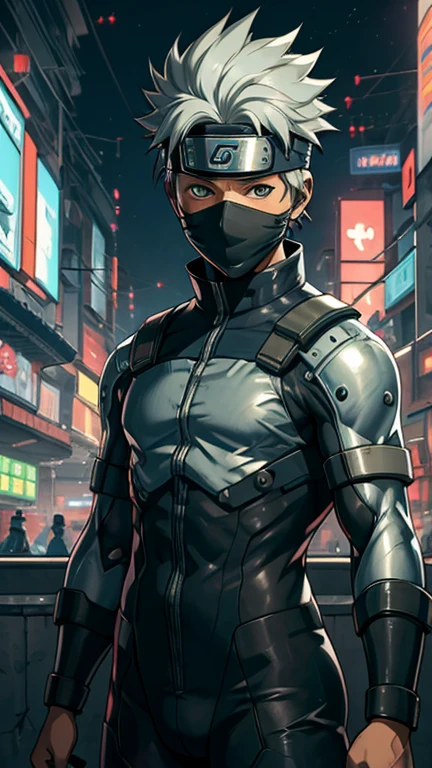 (8k),(masterpiece),(Japanese),(8-year-old boy),((innocent look)),((Childish)),From the front,smile,cute,Innocent,Kind eyes,Flat chest, Kakashi Hatake wearing cyberpunk bodysuit,mask,Short,Hair blowing in the wind,Silver Hair,Strong wind,night,dark, Neon light cyberpunk Konoha village