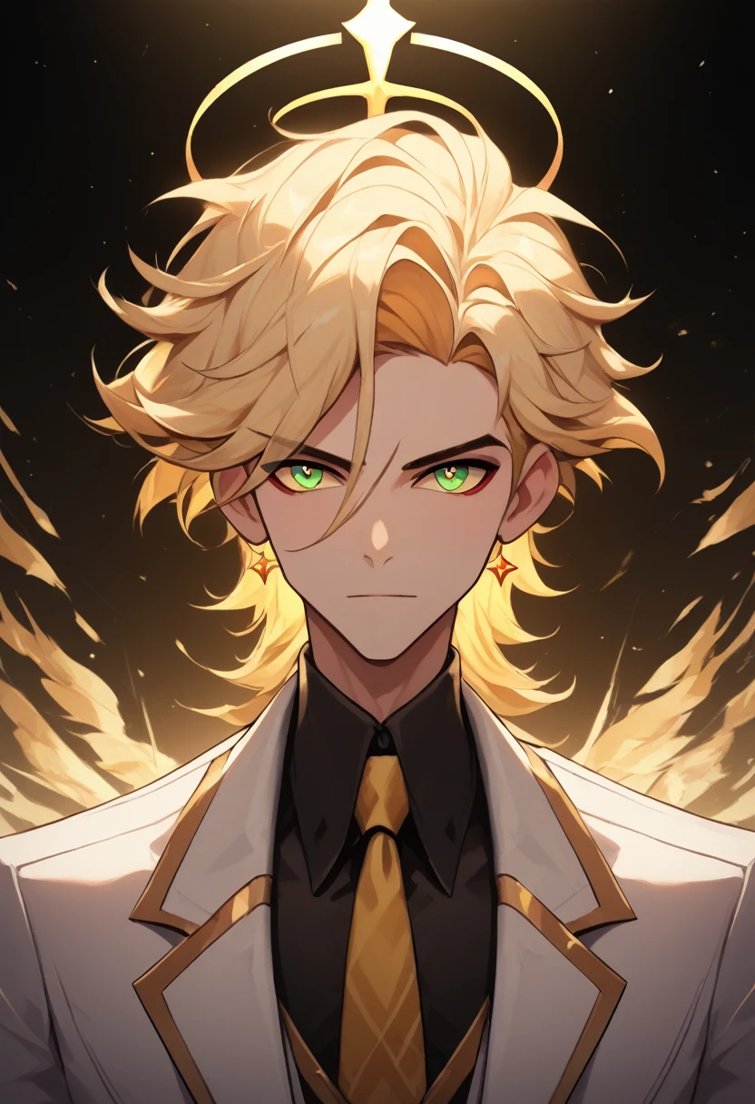 (masterpiece), best quality, expressive eyes, perfect face ,male focus, 1boy, solo, Blonde hair, medium hair, clean hair, tall, angel, heavenly host, Soldier, halo, green eyes, long sleeves, white suit, golden tie, golden shoulders, hazbin hotel
