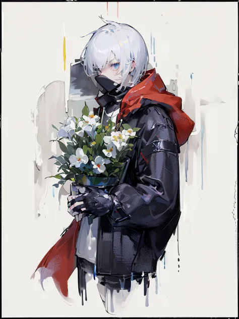 masterpiece,best quality,(a gloomy painting style:1.6),solo,boy,white hair,short hair,(white shirt:1.4),((face)) shirt,shorts,co...