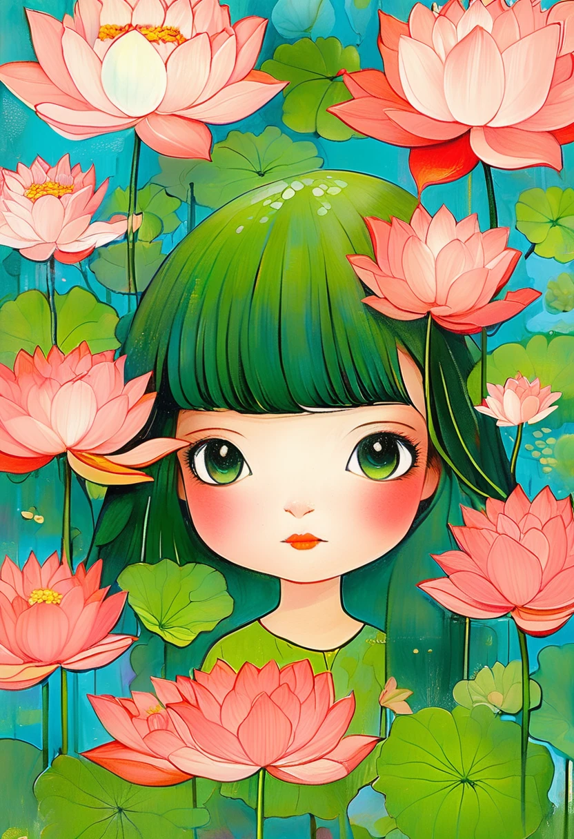 A little girl dressed in red was standing in a lotus pond, holding a large lotus leaf in her hand. It was raining in the sky, the
illustration is drawn with colorful lines in a flat style, with green as the main tone of the background,looking down from the sky, K