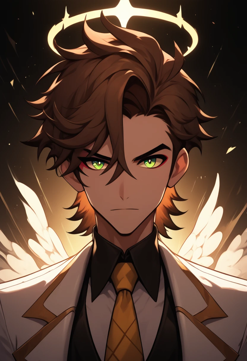 (masterpiece), best quality, expressive eyes, perfect face ,male focus, 1boy, solo, brown hair, medium hair, clean hair, tall, angel, heavenly host, Soldier, halo, green eyes, long sleeves, white suit, golden tie, golden shoulders, hazbin hotel
