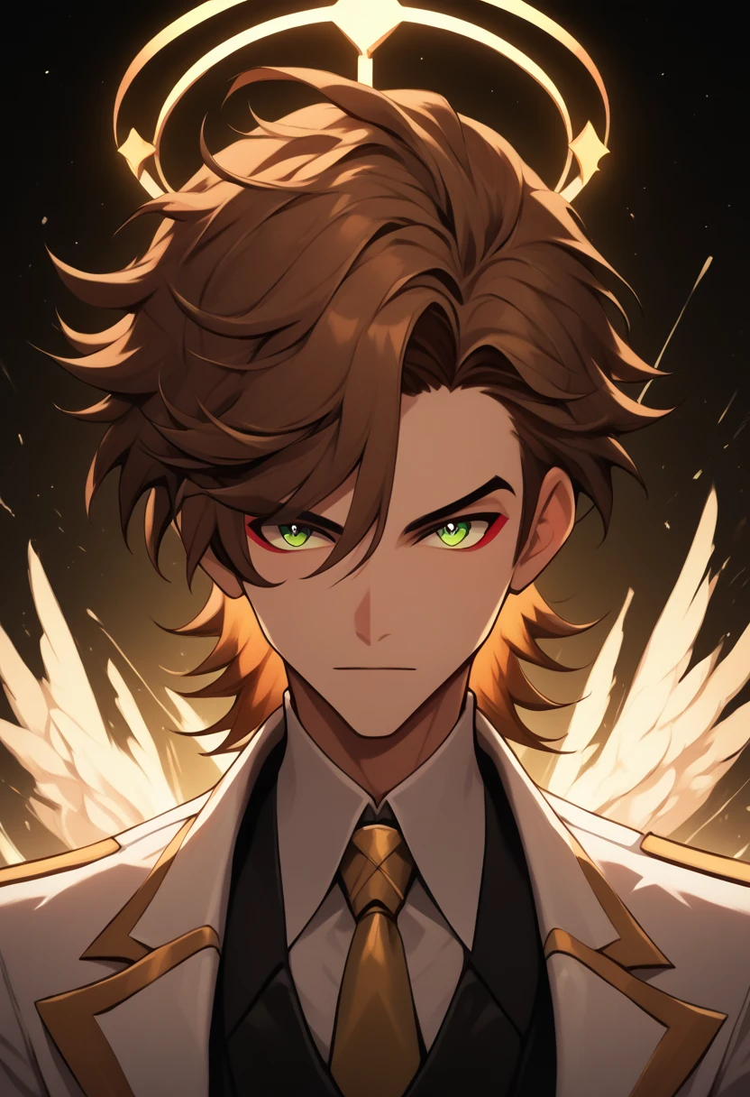 (masterpiece), best quality, expressive eyes, perfect face ,male focus, 1boy, solo, brown hair, medium hair, clean hair, tall, angel, heavenly host, Soldier, halo, green eyes, long sleeves, white suit, golden tie, golden shoulders, hazbin hotel
