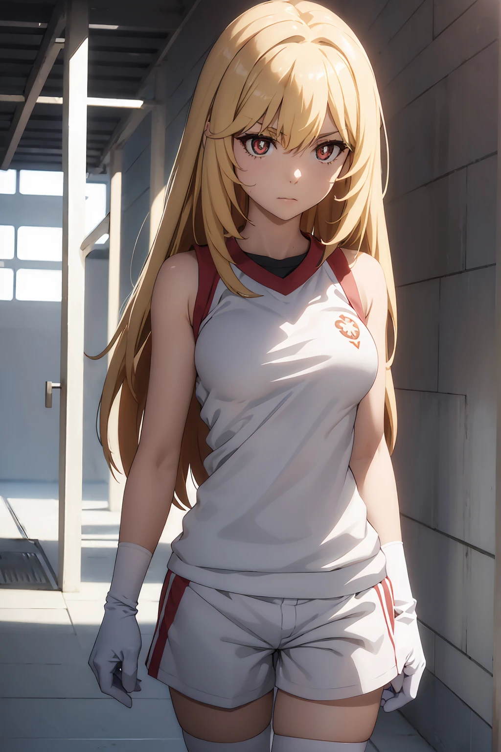 NSFW Highest quality, (masterpiece:1.2),misakishokuhou, misaki shokuhou, blonde, Hair between the eyes, Long Hair, (Symbol-shaped pupil:1.5)＋＋, (Big Breasts), break bare shoulders, gloves, gym shirt, gym Shorts, Gym suit, shirt, short Shorts, Shorts, Sleeveless, Sleeveless shirt, Knee socks, tokiwadai school Gym suit, white gloves, white shirt, white Shorts, white Knee socks, break outdoor, city, null, sun, cloud, break looking at viewer, (Cowboy Shot:1.5), break (masterpiece:1.2), Highest quality, High resolution, unity 8k wallpaper, (shape:0.8), (Beautiful attention to detail:1.6), Highly detailed face, Perfect lighting, Extremely detailed CG, (Perfect hands, Perfect Anatomy),shirtリフト　{{topless}}