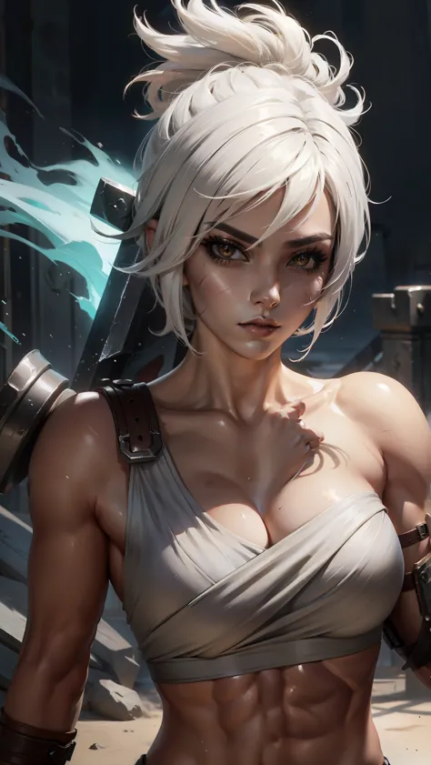 (Masterpiece:1.2), best quality, riven \(league of legends\), 1girl, sarashi, muscular female, abs, white hair, black eyeshadow,...